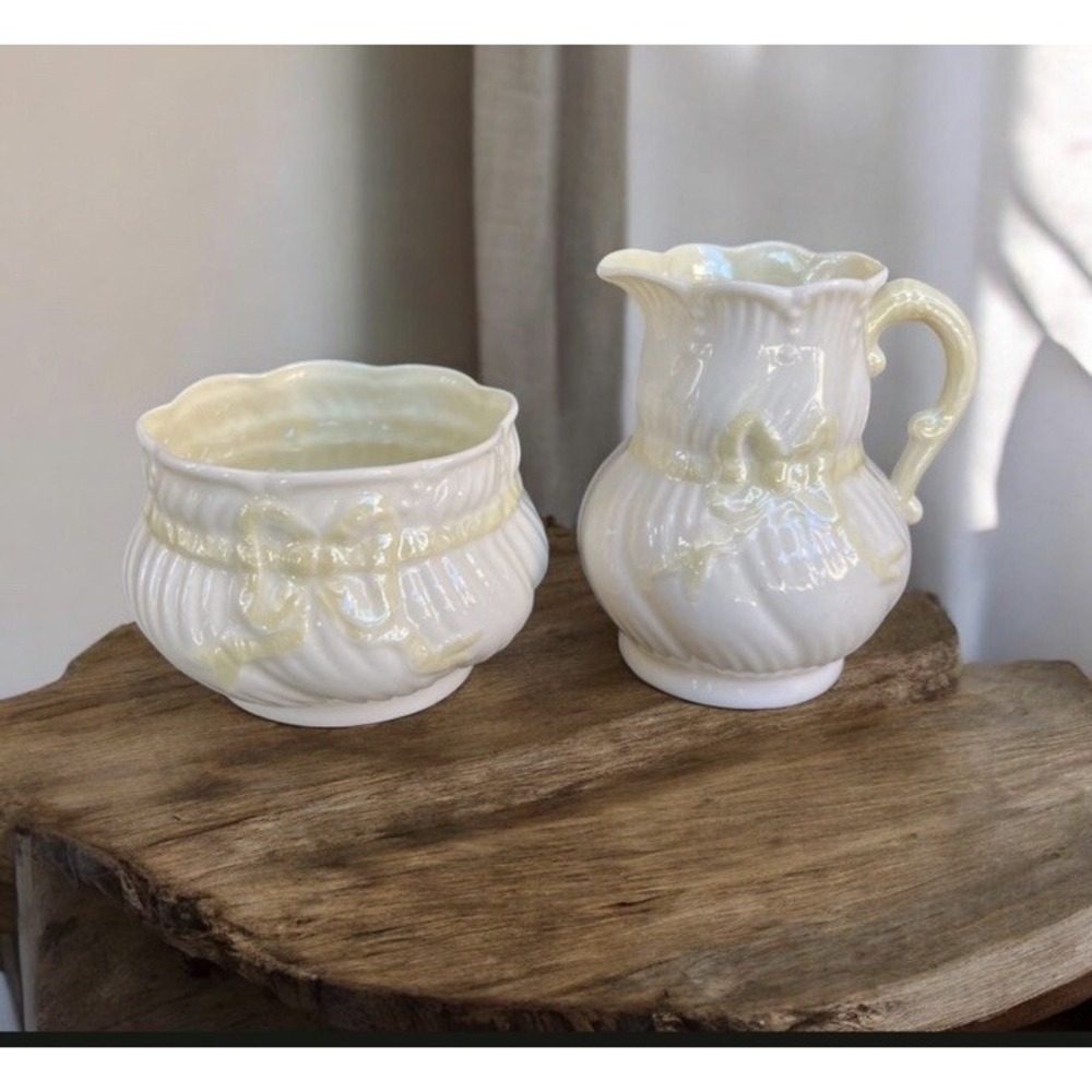 VTG Belleek Yellow Ribbon Creamer & Open Sugar Bowl Set Ireland Green Mark EUC